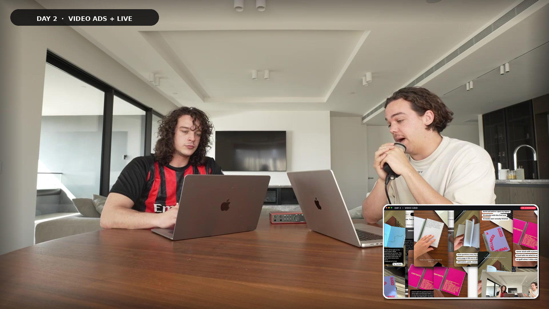 Noah and Molly at the table on Day 2, with video ads on the screenshare